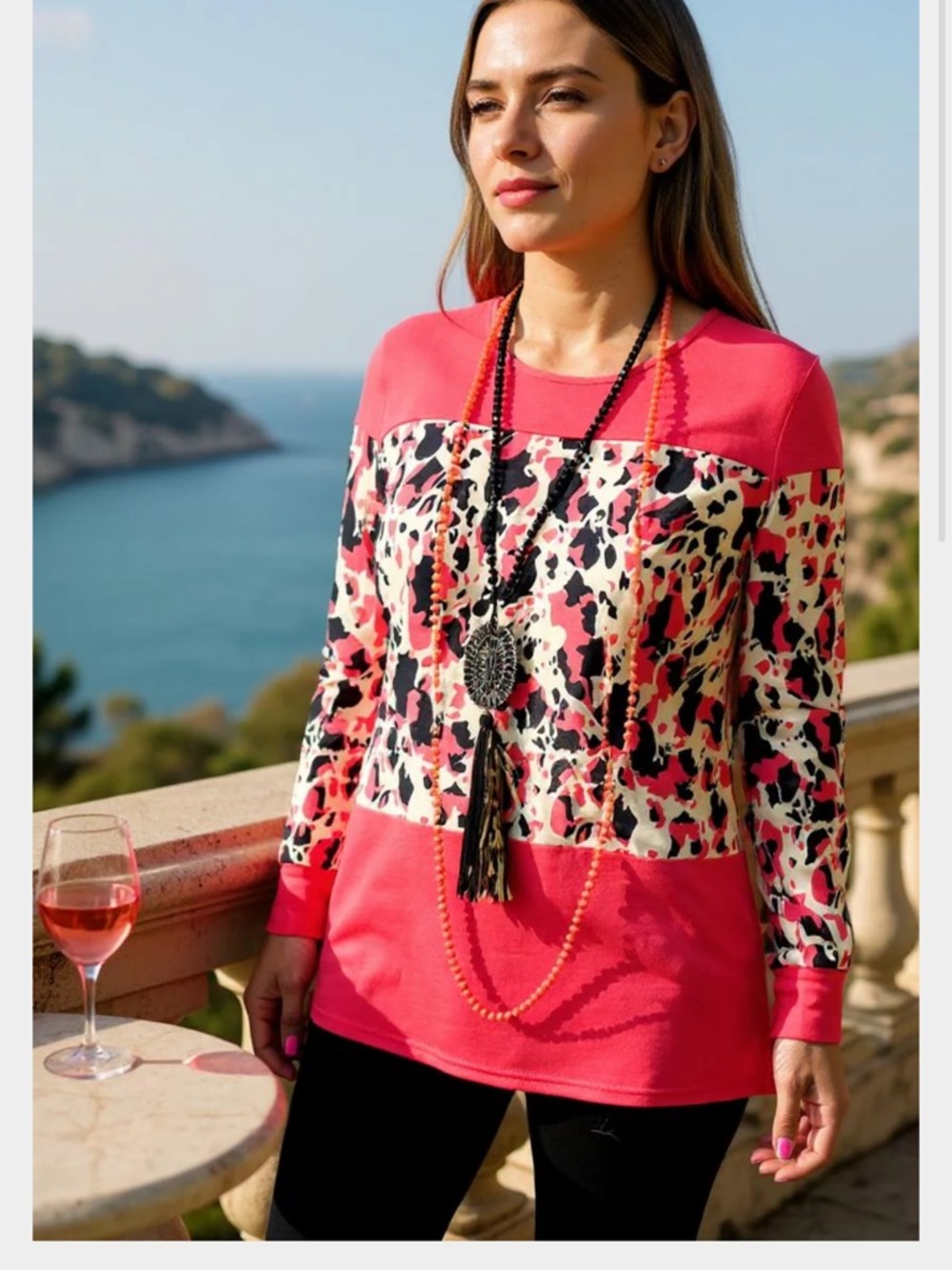 Women’s Coral Pink Animal-Print Long Sleeve Top